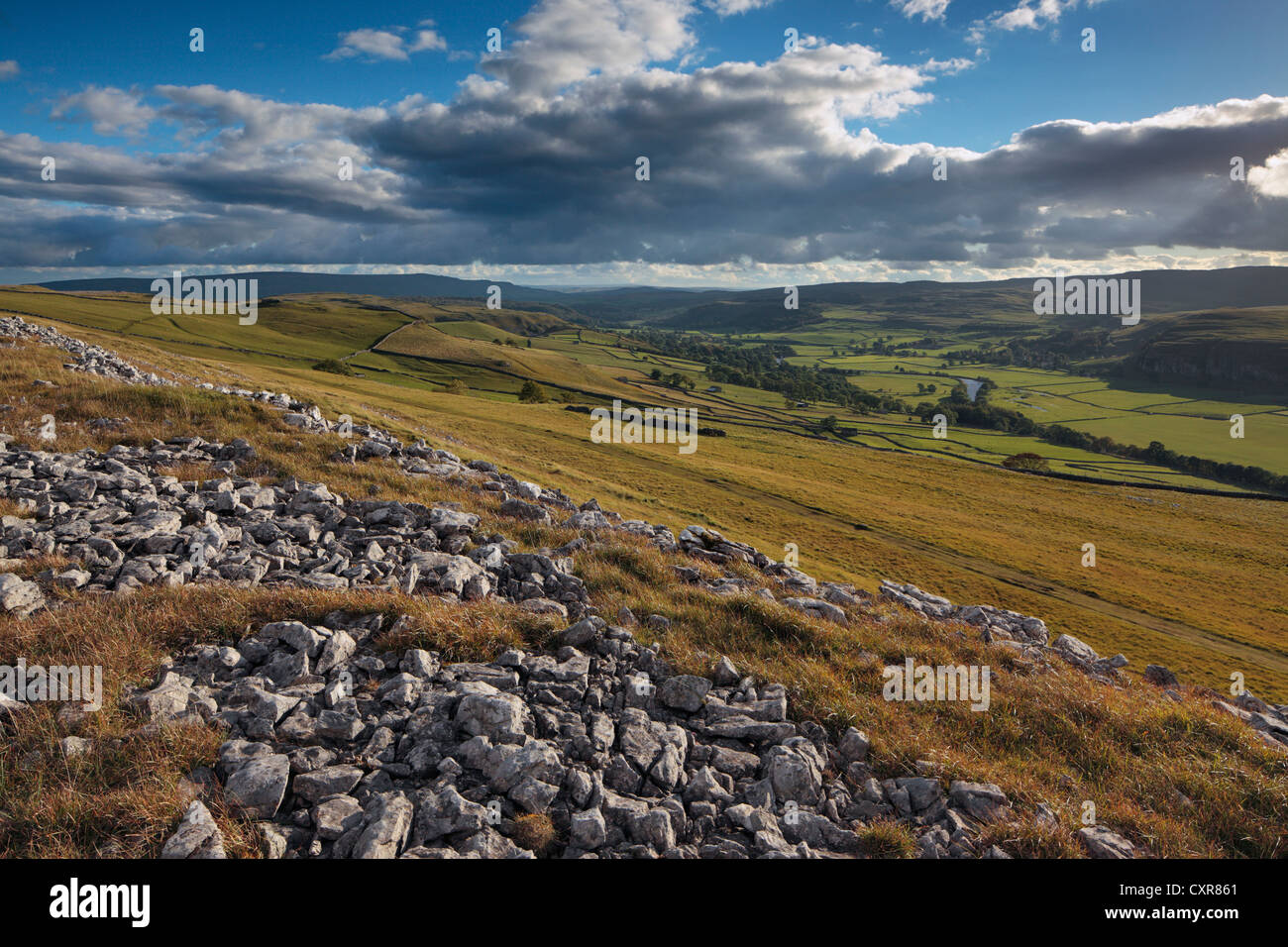 View of Wharfedale from the limestone pavement above Conistone in Yorkshire, England Stock Photo