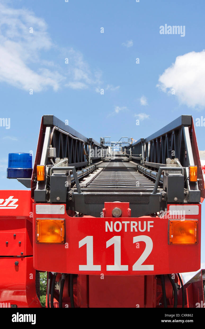 Aerial ladder on a fire engine, Notruf 112, German emergency telephone number Stock Photo