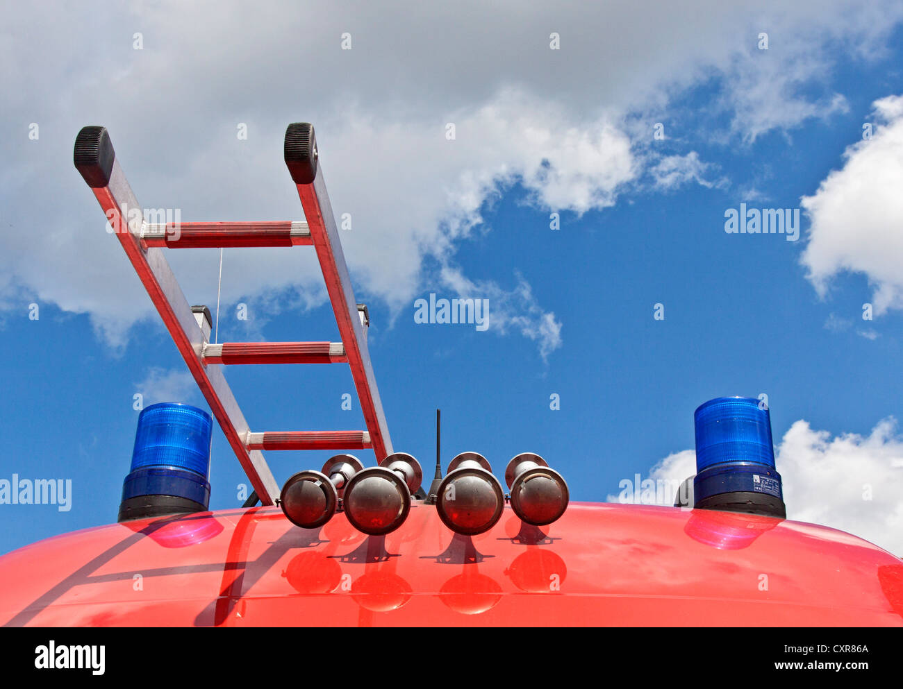Ladder, sirens, flashing lights, emergency vehicle, fire brigade Stock Photo
