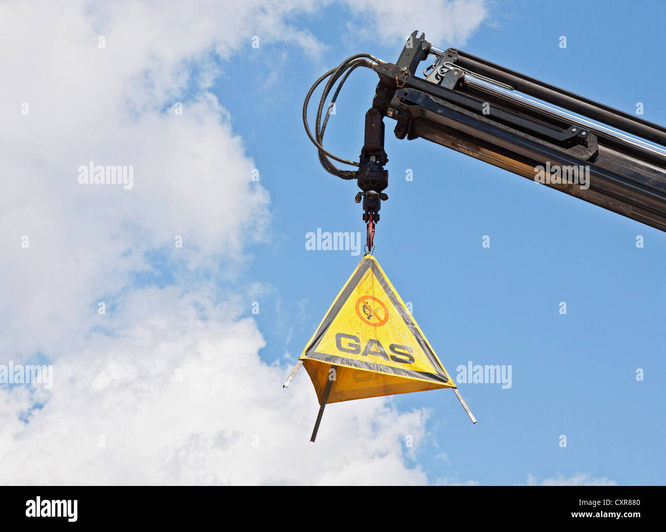 Gas warning, warning triangle, crane, Berlin Fire Department, Berlin, Germany, Europe Stock Photo