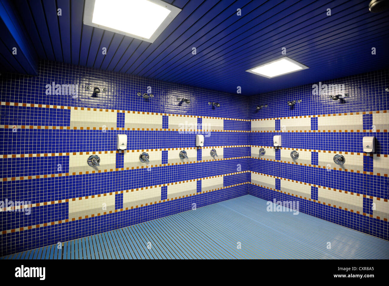 Showers for the visiting team, locker room, Estadio Santiago Bernabeu stadium, football venue of Real Madrid, Chamartin district Stock Photo