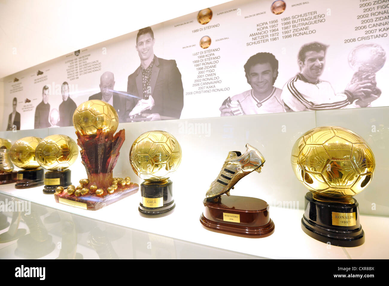 Display cabinet, trophies, exhibition, museum, Estadio Santiago Bernabeu stadium, football venue of Real Madrid Stock Photo