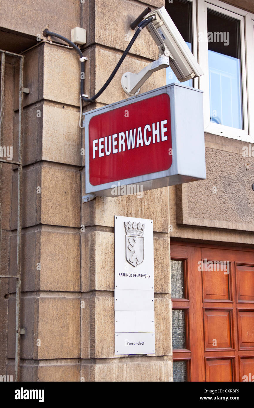Sign, 'Feuerwache', German for 'fire brigade', Berlin Fire Department, Berlin, Germany, Europe Stock Photo
