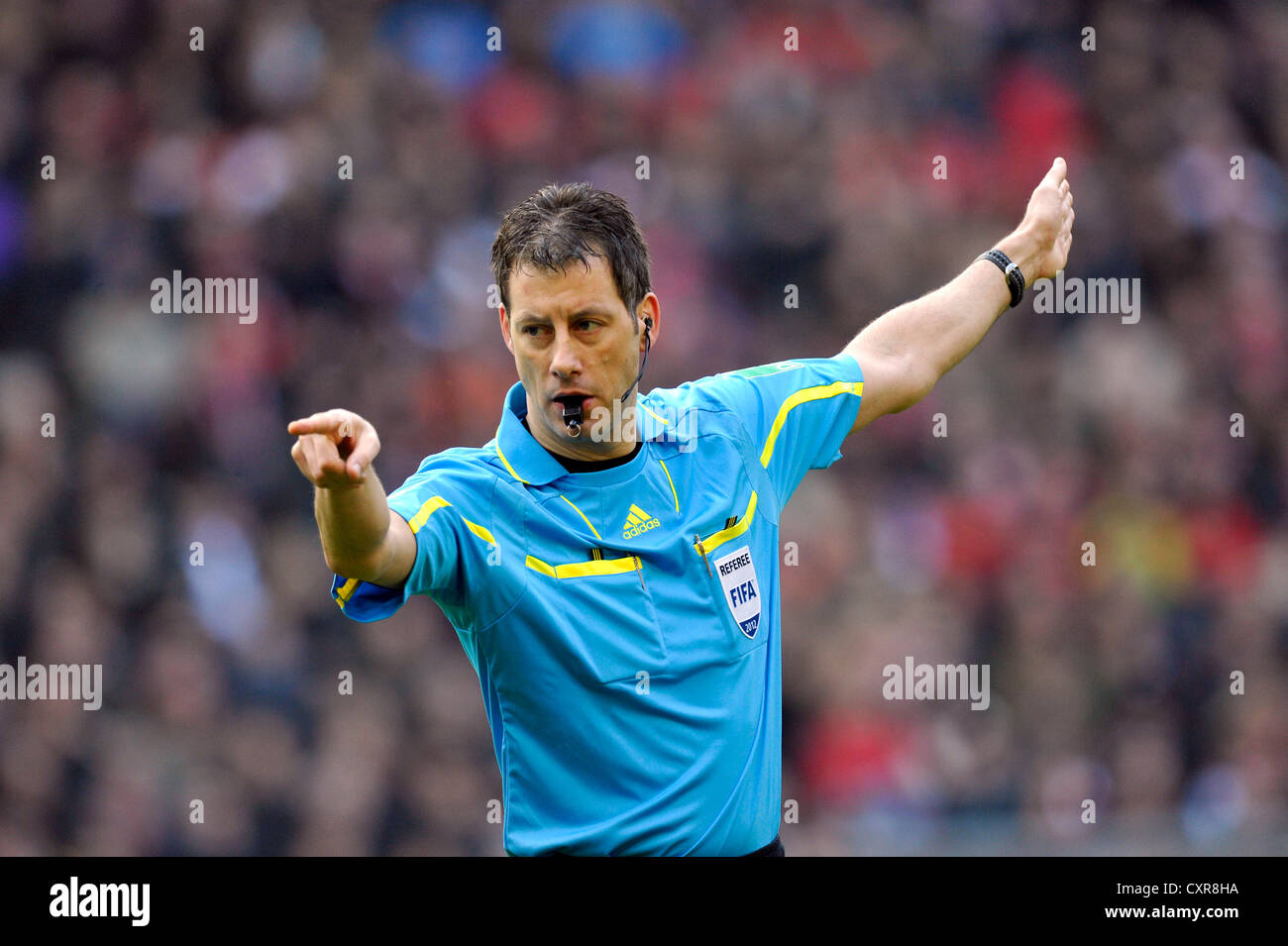 Referee Wolfgang Stark showing foul play, awarding a free kick, Mercedes-Benz Arena, Stuttgart, Baden-Wuerttemberg Stock Photo