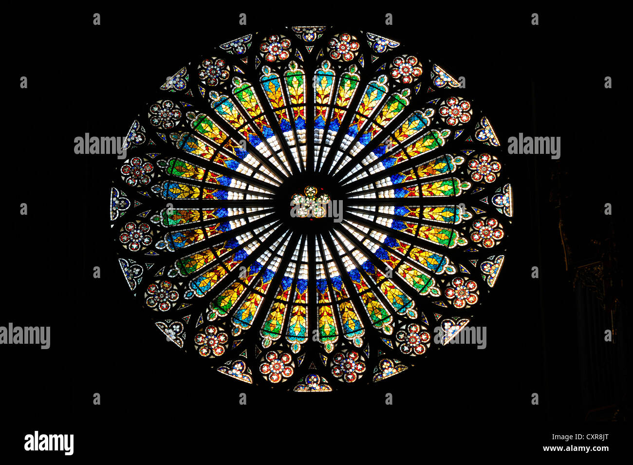 Rose window on the western side, interior view of Strasbourg Cathedral, Cathedral of Our Lady of Strasbourg, Strasbourg Stock Photo