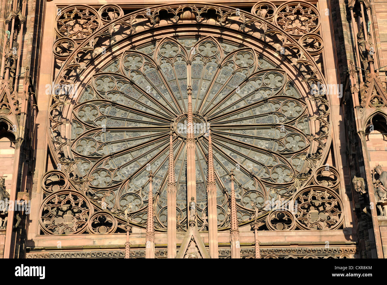 Exterior view of the rose window, main entrance, west facade, Strasbourg Cathedral, Cathedral of Our Lady of Strasbourg Stock Photo