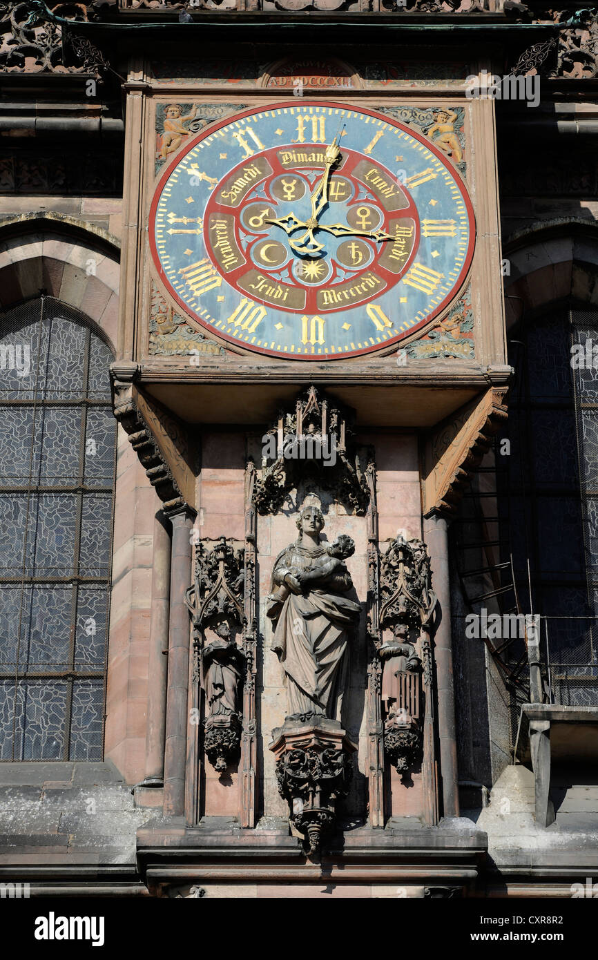 Clock, detailed view, southern transept, Strasbourg Cathedral, Cathedral of Our Lady of Strasbourg, Strasbourg Stock Photo