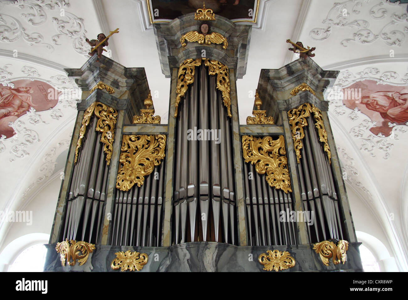 Organ, organ pipes, Catholic Church of St. Simon and Jude, Uttenweiler, Upper Swabia, Baden-Wuerttemberg, Germany, Europe Stock Photo