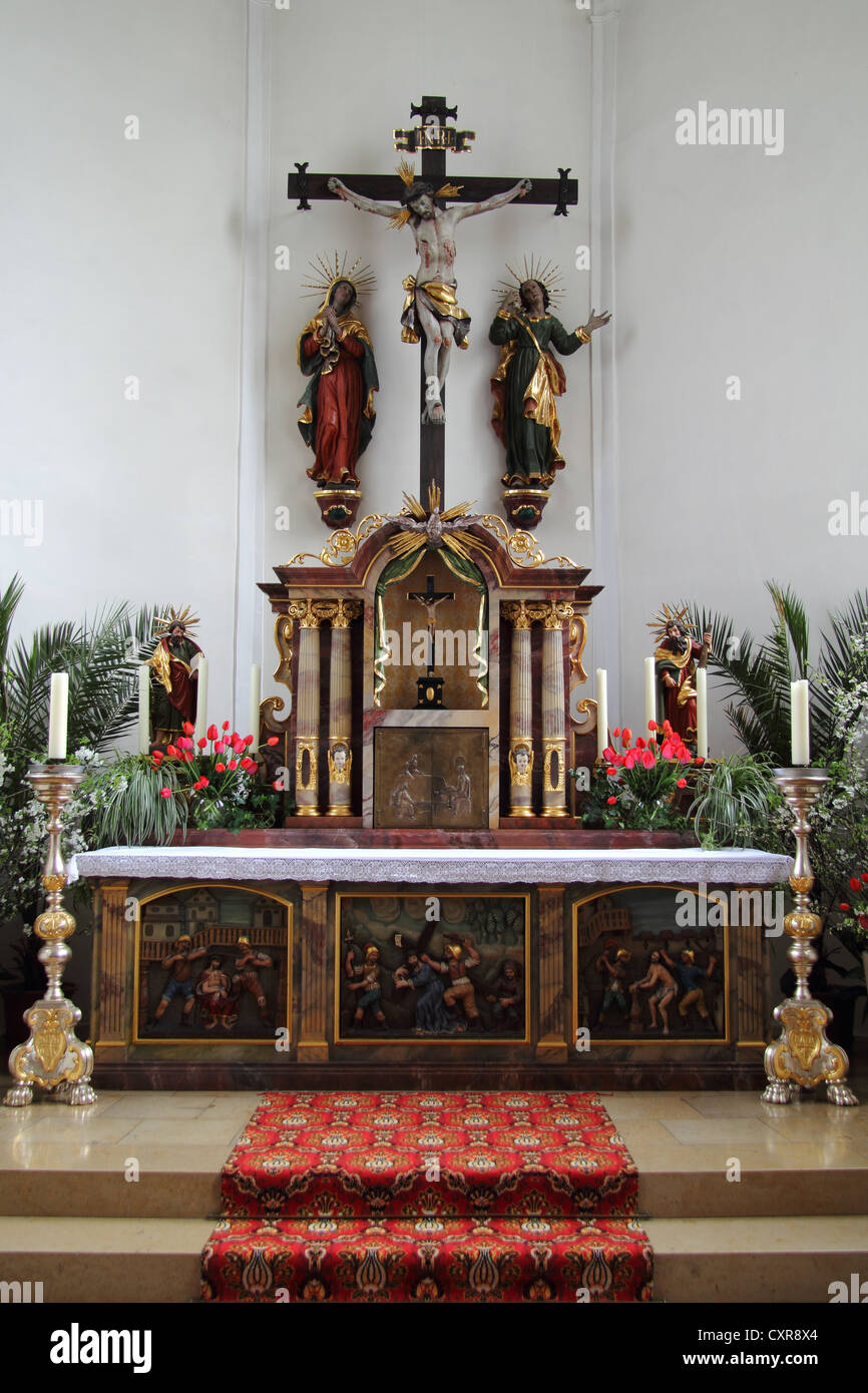 Altar of the Catholic Church of St. Simon and Jude in Uttenweiler, Upper Swabia, Baden-Wuerttemberg, Germany, Europe Stock Photo