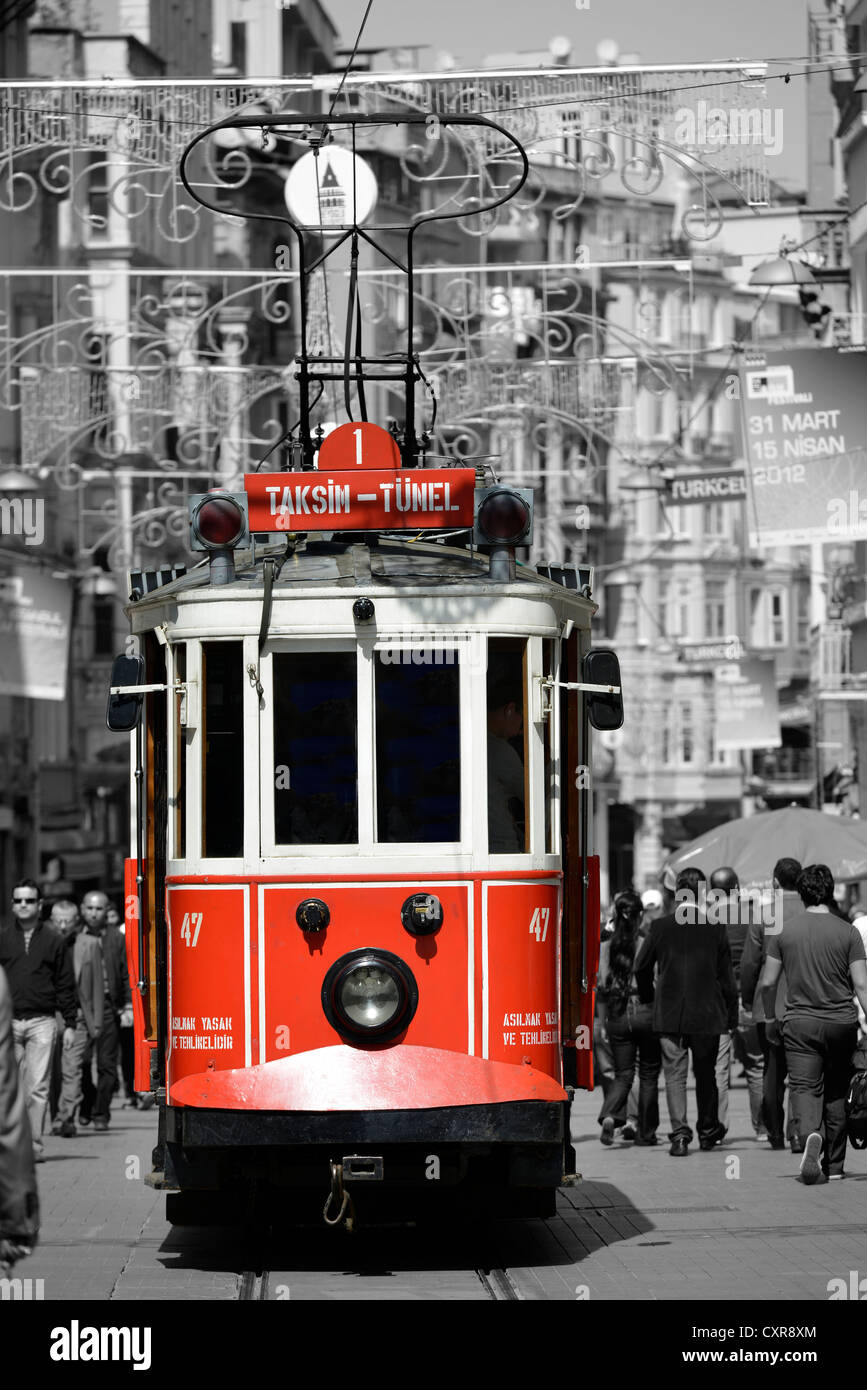 Historic tram, Istiklal Caddesi shopping street, Istiklal Street, Beyoglu, Istanbul, Turkey, Europe, PublicGround Stock Photo