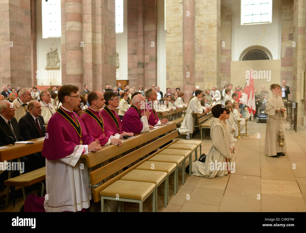 Church service after the church parade on the Feast of Corpus Christi, interior view, Speyer Cathedral Stock Photo