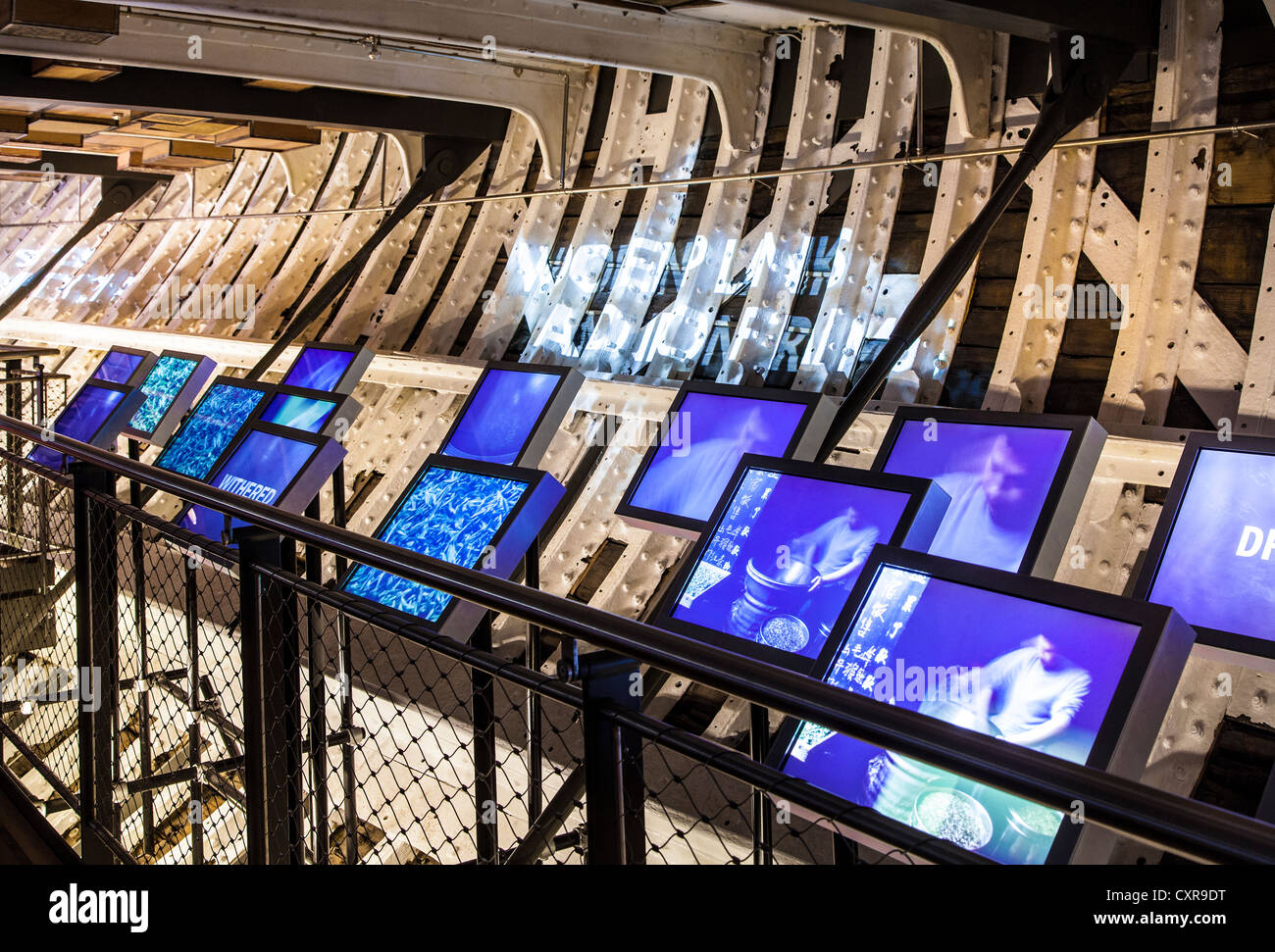 The Cutty Sark tea clipper ship with visitors exhibition aboard below deck Stock Photo