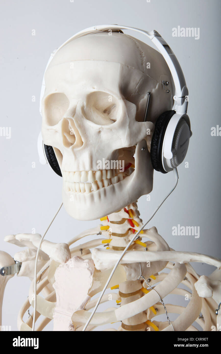 Skeleton wearing headphones Stock Photo