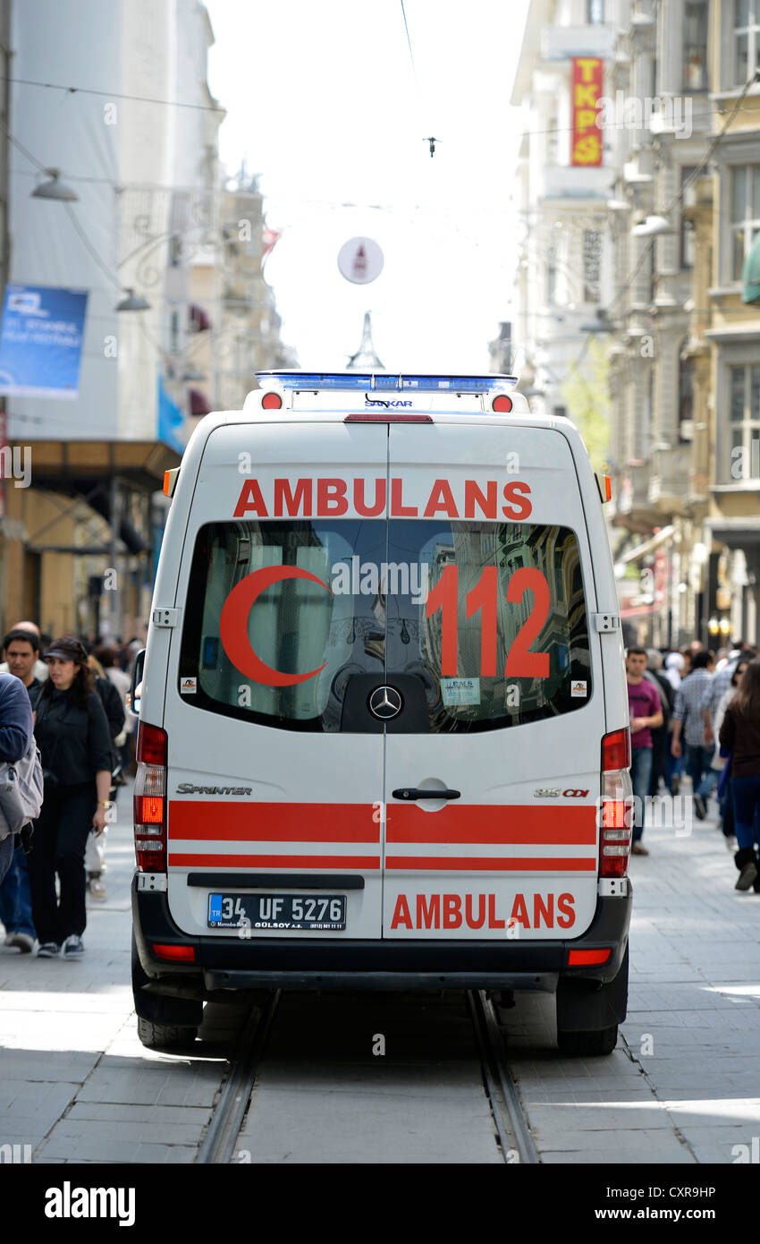 Ambulance, Red Crescent, Istiklal Caddesi shopping street, Independence Street, Beyoglu, Istanbul, Turkey, Europe, PublicGround Stock Photo