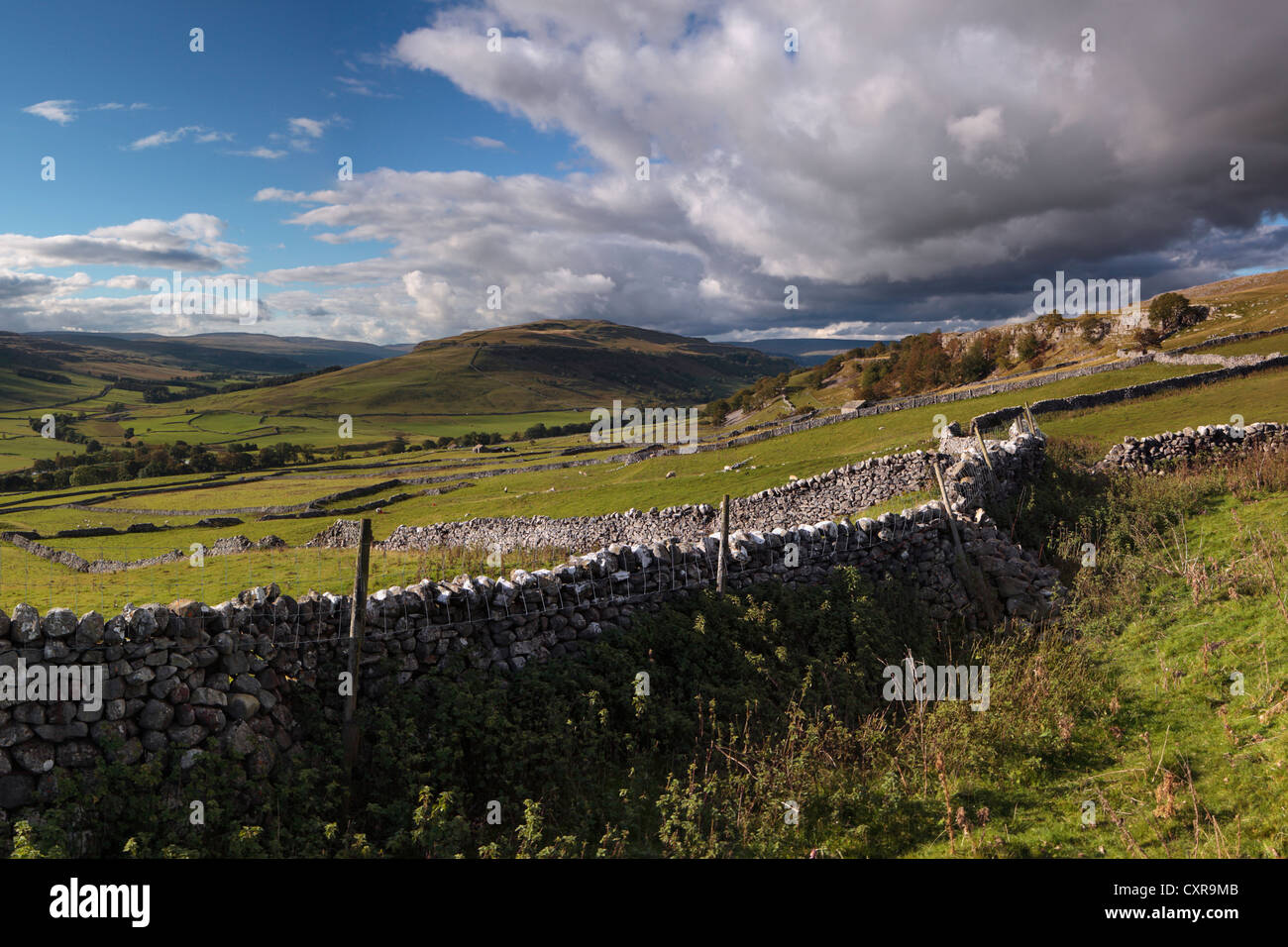 View of Wharfedale from the limestone pavement above Conistone in Yorkshire, England Stock Photo