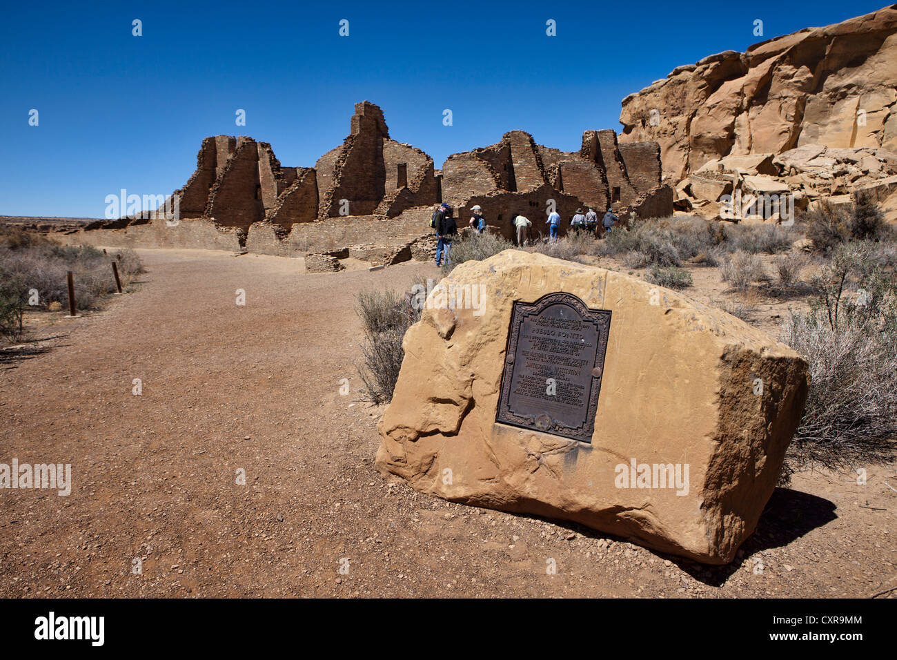 Chaco, National Heritage Park, Pueblo Bonito marker sign, archaeological ruin site, New Mexico Stock Photo