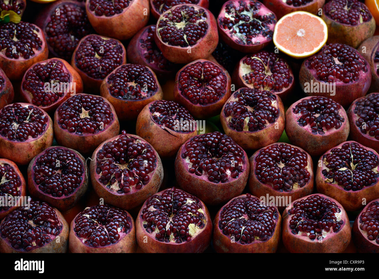 Display of fresh pomegranates, fruit shop, Istanbul, Turkey, Europe, PublicGround Stock Photo
