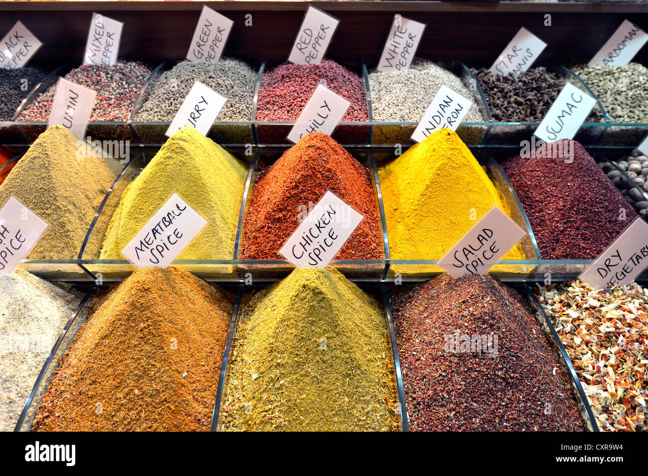 Spices, indoor spice bazaar, Egyptian bazaar, Eminoenue, Istanbul, Turkey, Europe, PublicGround Stock Photo