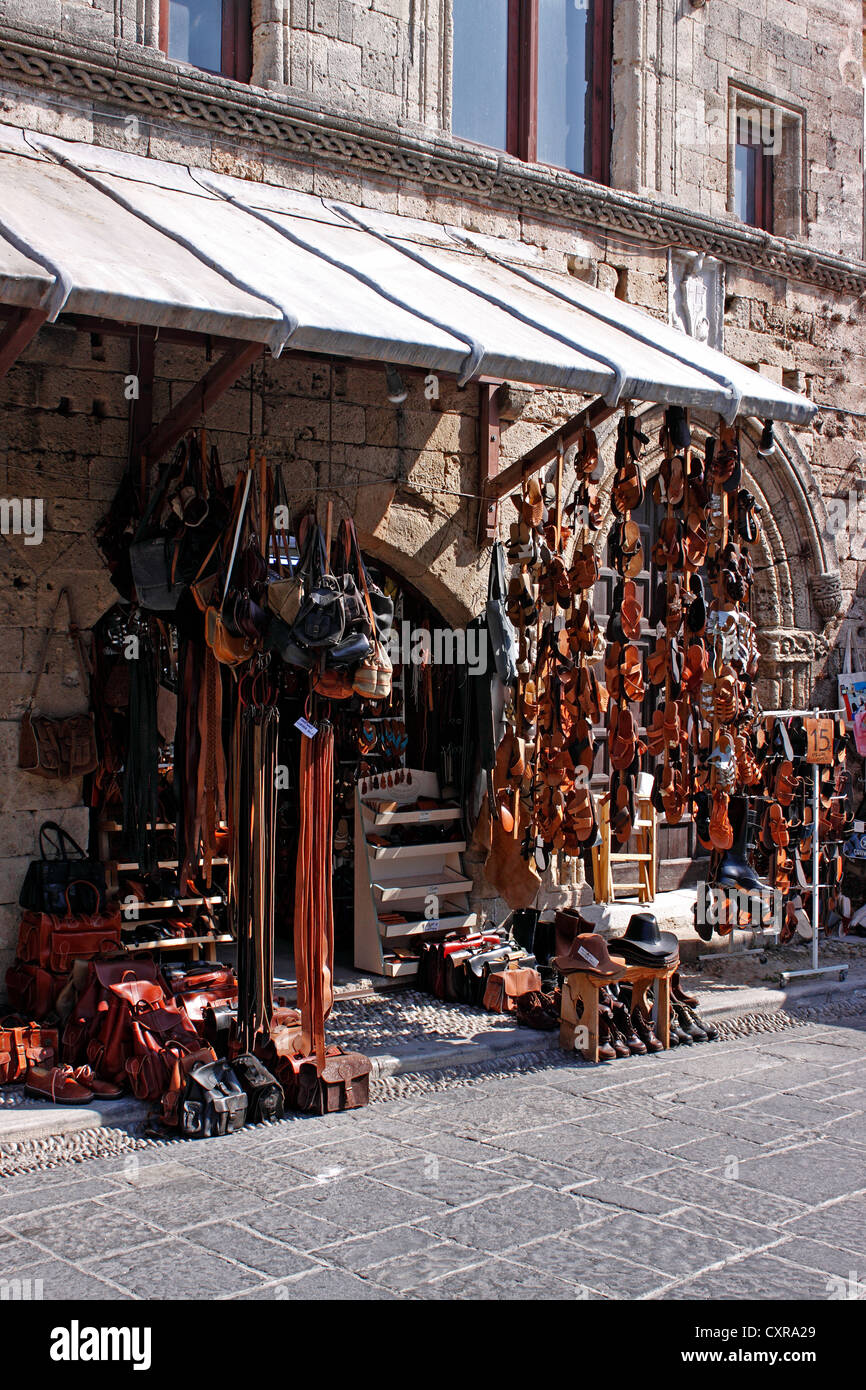 A LEATHER SHOP IN RHODES OLD TOWN. RHODES GREEK ISLAND. Stock Photo