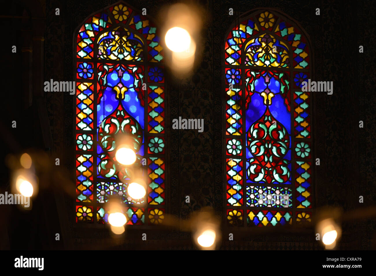 Colourful stained glass windows, interior view of the Sultan Ahmed