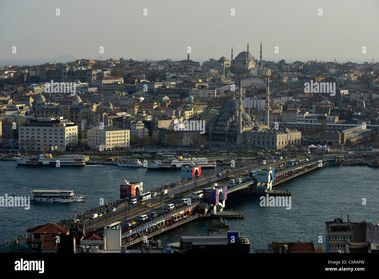 Panoramic view from the Galata Tower, Kuelesi to the Galata Bridge and the Sarayburnu Pier, Yeni or New Mosque, Hagia Sophia Stock Photo