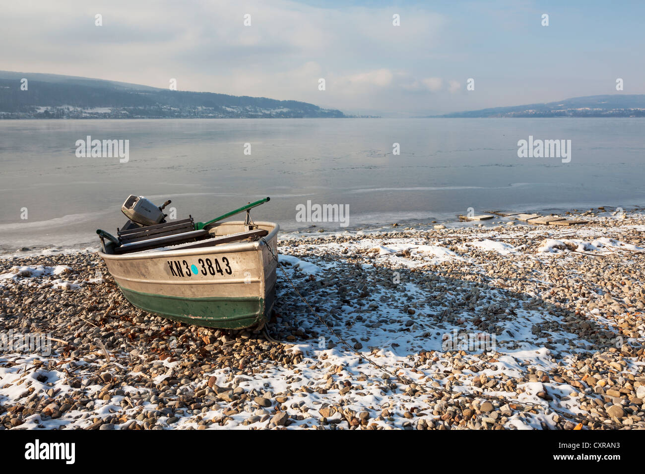 Fishing boat on the shore of Reichenau Island, Lake Constance in winter, Baden-Wuerttemberg, Germany, Europe, PublicGround Stock Photo