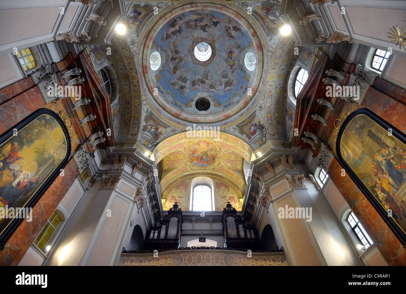 Interior view, side altar, organ, large dome fresco of St. Francis, St. Francis of Assisi, Baroque dome Stock Photo