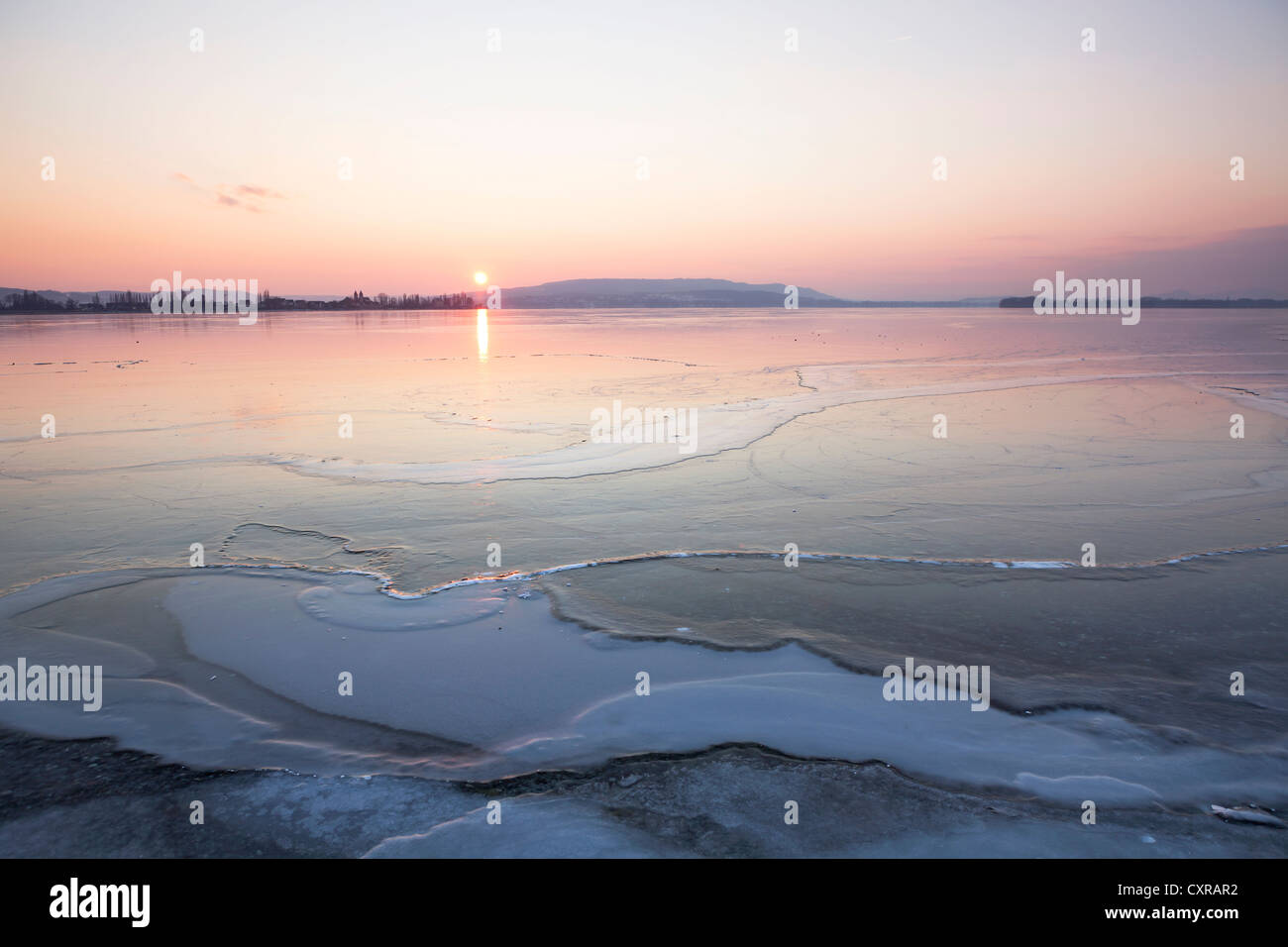 Ice on Lake Constance at dusk, near Allensbach, Baden-Wuerttemberg, Germany, Europe, PublicGround Stock Photo