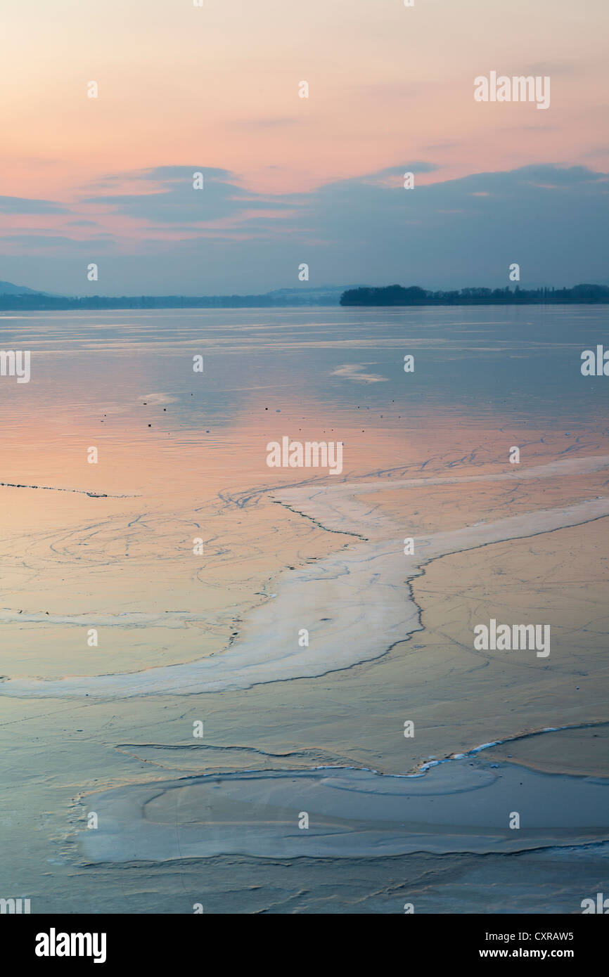 Ice at Lake Constance, dusk, near Allensbach, Baden-Wuerttemberg, Germany, Europe, PublicGround Stock Photo