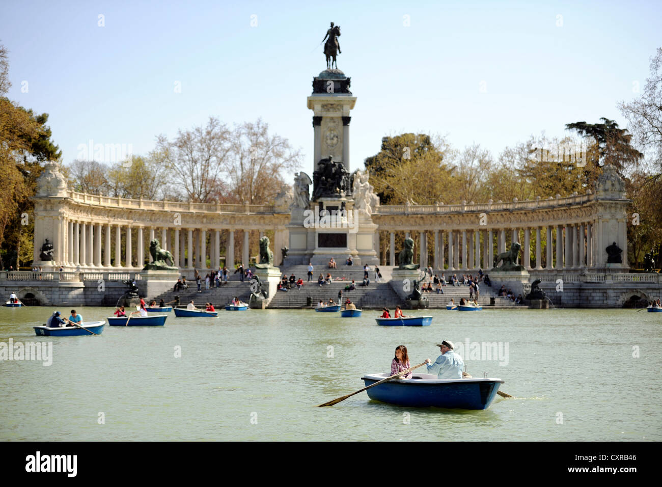 Monument to Alfonso XII. and a man-made lake in the Buen Retiro Park, Parque del Buen Retiro, Madrid, Spain, Europe Stock Photo