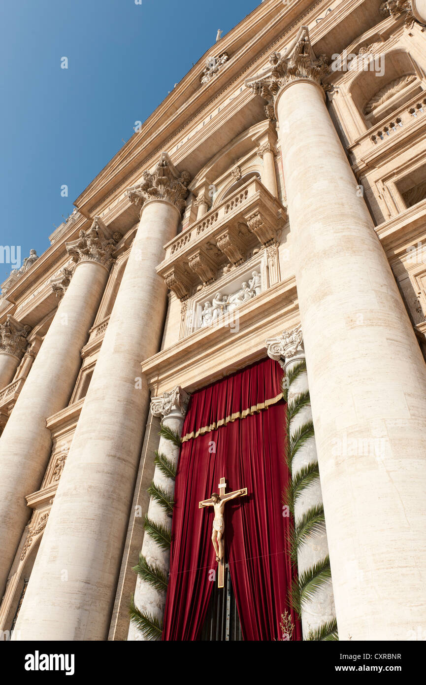 Christianity, Roman Catholic Church, main entrance portal with a crucifix and balcony, facade, St. Peter's Basilica, Basilica di Stock Photo
