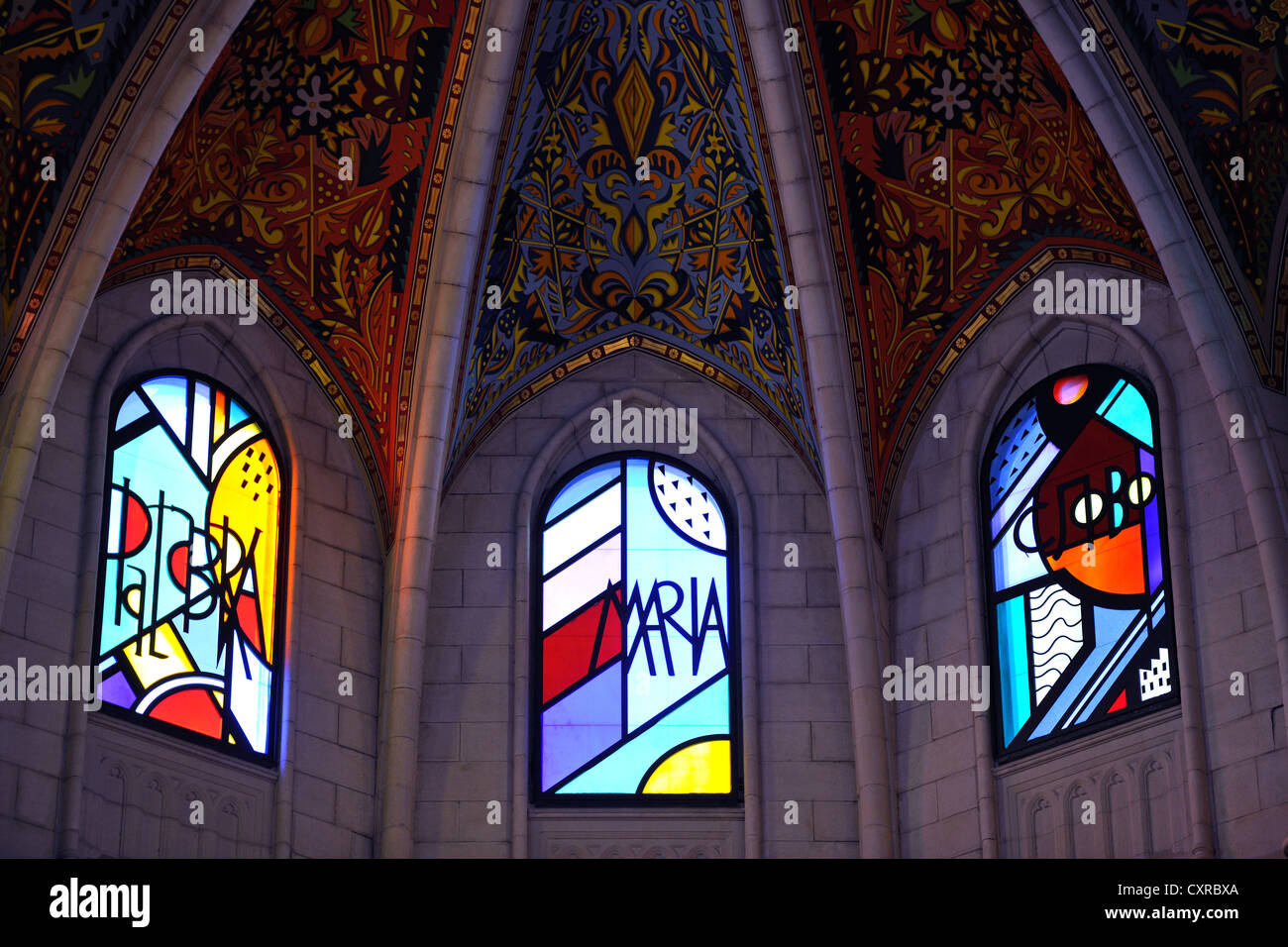 Modern stained-glass windows and the painted ceiling of the dome, interior view, Almudena Cathedral, Santa María la Real de La Stock Photo