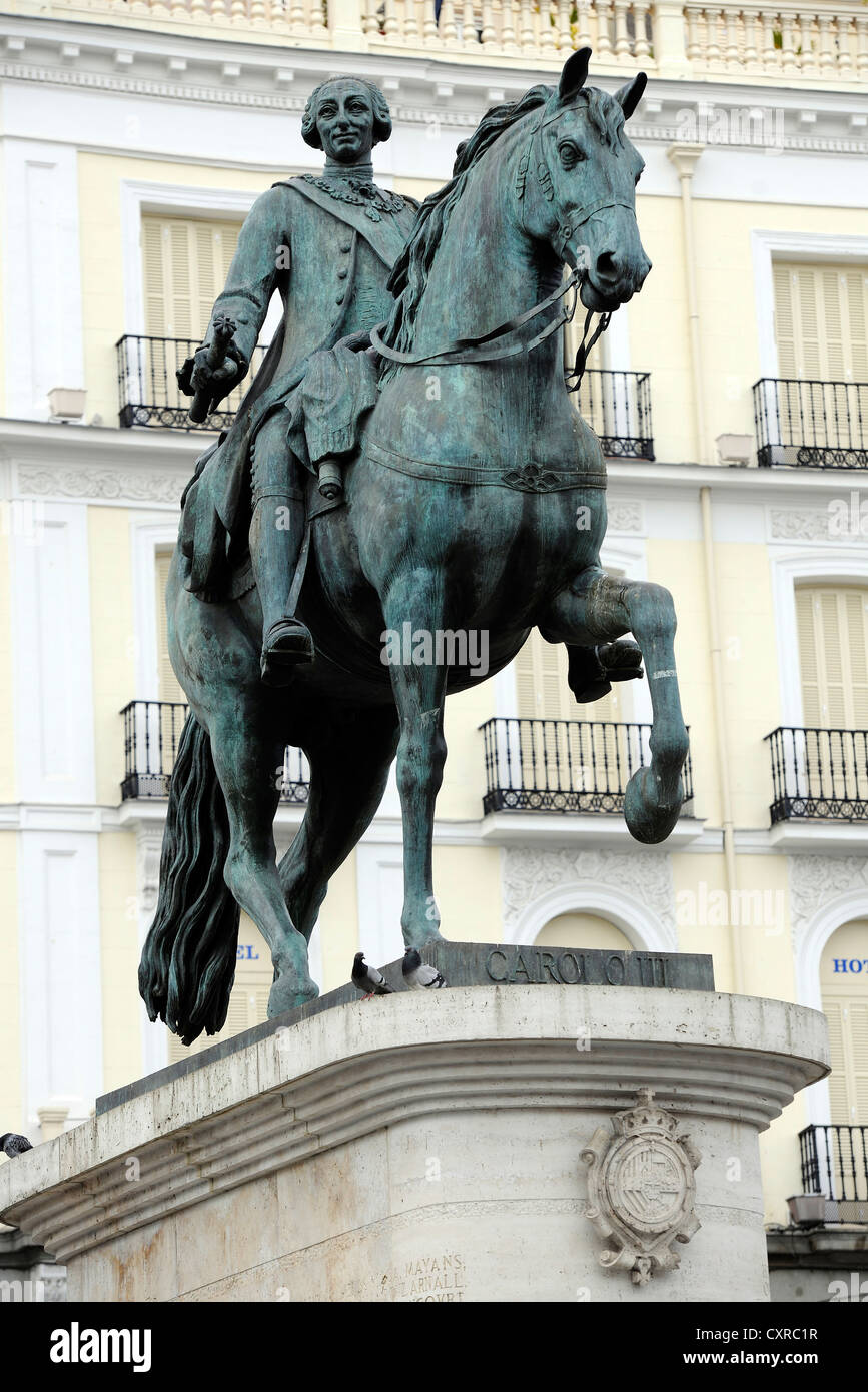 Equestrian statue, monument, King Carlos III, Plaza Puerta del Sol square,  Madrid, Spain, Europe, PublicGround Stock Photo - Alamy