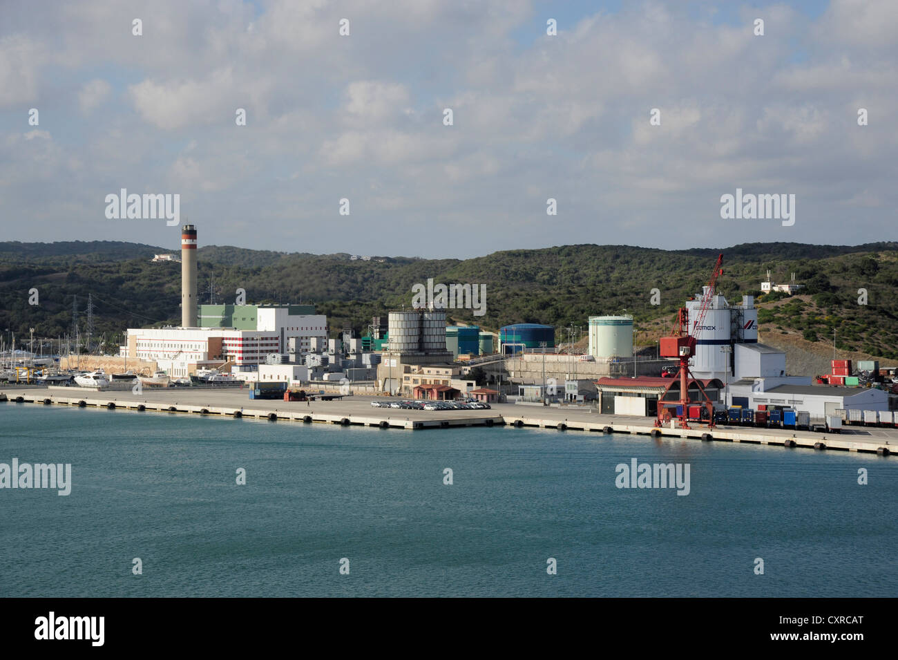 Industrial area on the north side of the commercial harbour of Mahon, Port de Mao, Minorca, , Balearic Islands, Mediterranean Stock Photo