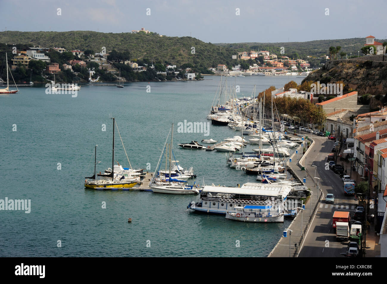 Boats in the harbour of Mahon, Port de Mao, Minorca, Menorca, Balearic Islands, Mediterranean, Spain, Europe Stock Photo