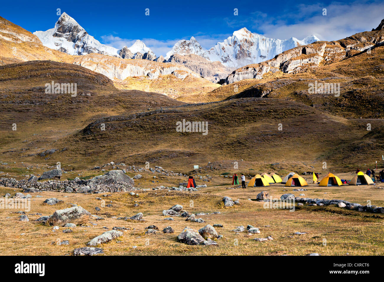 Camp at the Cordillera Huayhuash mountain range, Andes, Peru, South America Stock Photo
