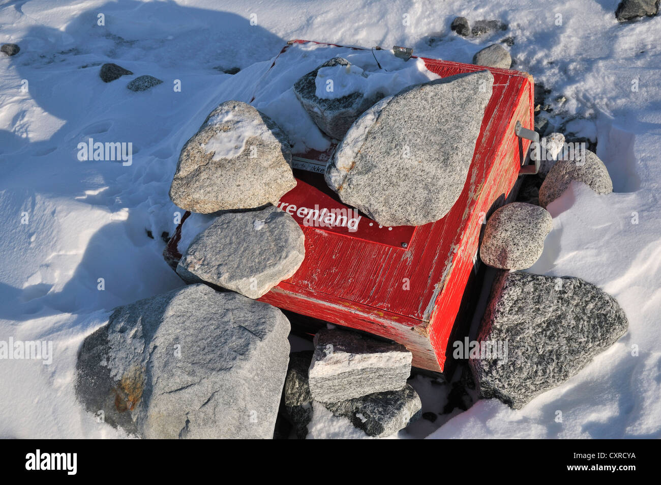 Survival kit at the landing field on an island off Ilulissat, Greenland, Arctic North America Stock Photo
