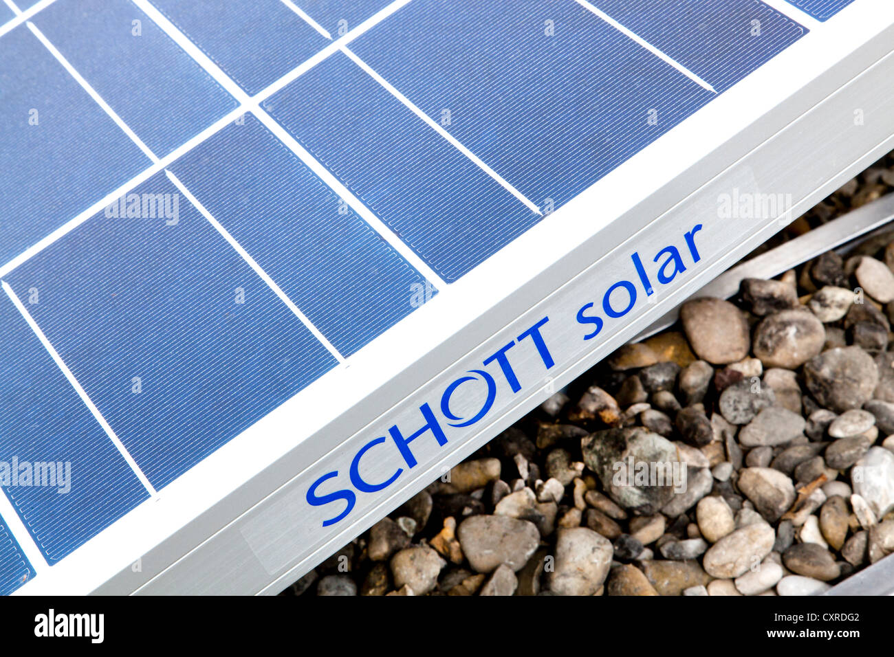 Solar panels, photovoltaic modules on a roof, produced by Schott Solar AG, lettering, Regensburg, Bavaria, Germany, Europe Stock Photo
