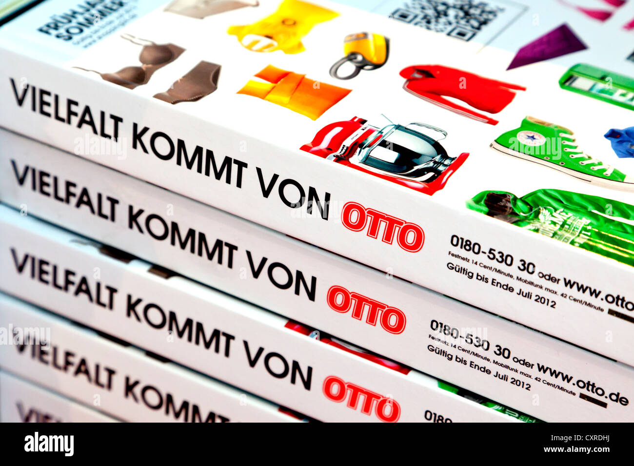 Otto catalogue, stacked catalogues of the mail order company Otto, at the computer fair CeBIT 2012, Hanover, Lower Saxony Stock Photo