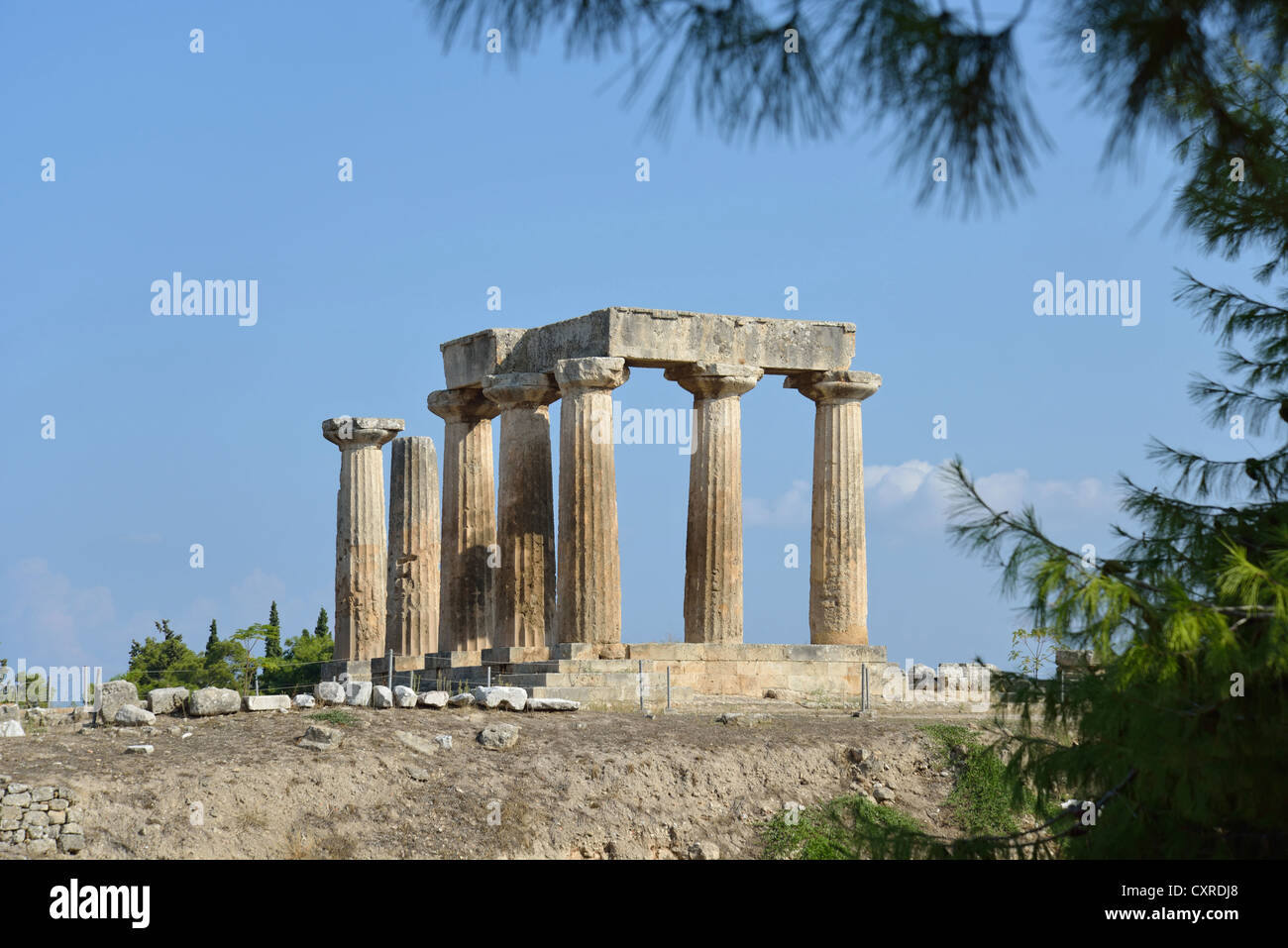 6th century BC Temple of Apollo from Agora, Ancient Corinth, Corinth Municipality, Peloponnese region, Greece Stock Photo
