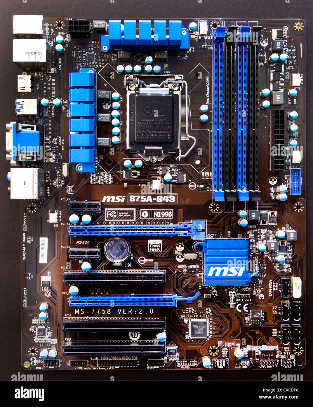 Mainboard, motherboard of a computer produced by the Taiwanese electronics manufacturer MSI, CeBIT international computer expo Stock Photo