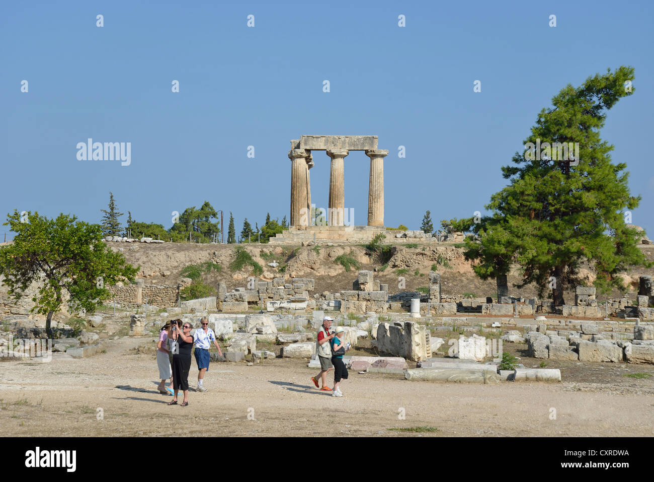 6th century BC Temple of Apollo from Agora, Ancient Corinth, Corinth Municipality, Peloponnese region, Greece Stock Photo