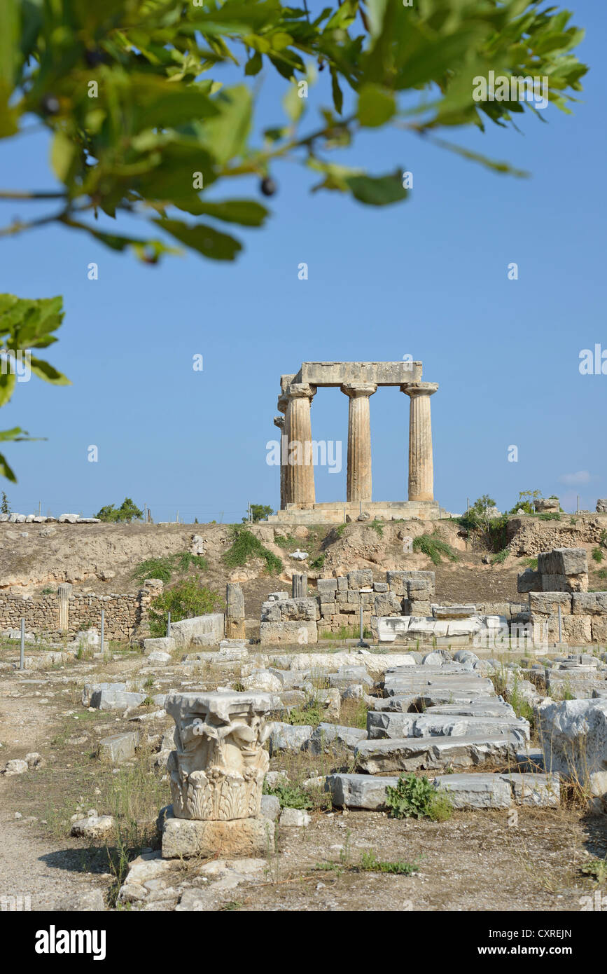6th century BC Temple of Apollo from Agora, ancient Corinth, Corinth Municipality, Peloponnese region, Greece Stock Photo