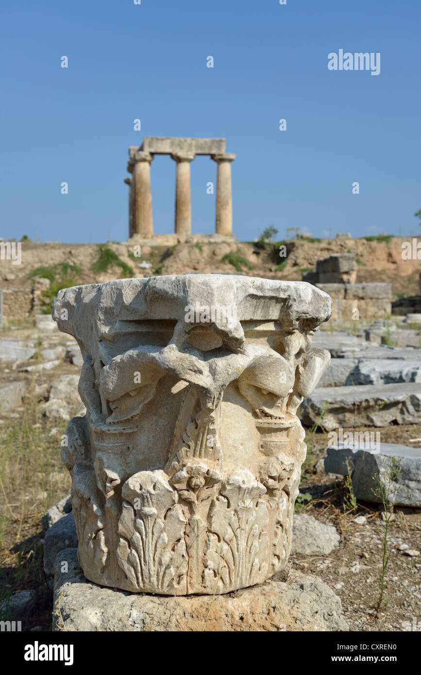 6th century BC Temple of Apollo from Agora, ancient Corinth, Corinth Municipality, Peloponnese region, Greece Stock Photo