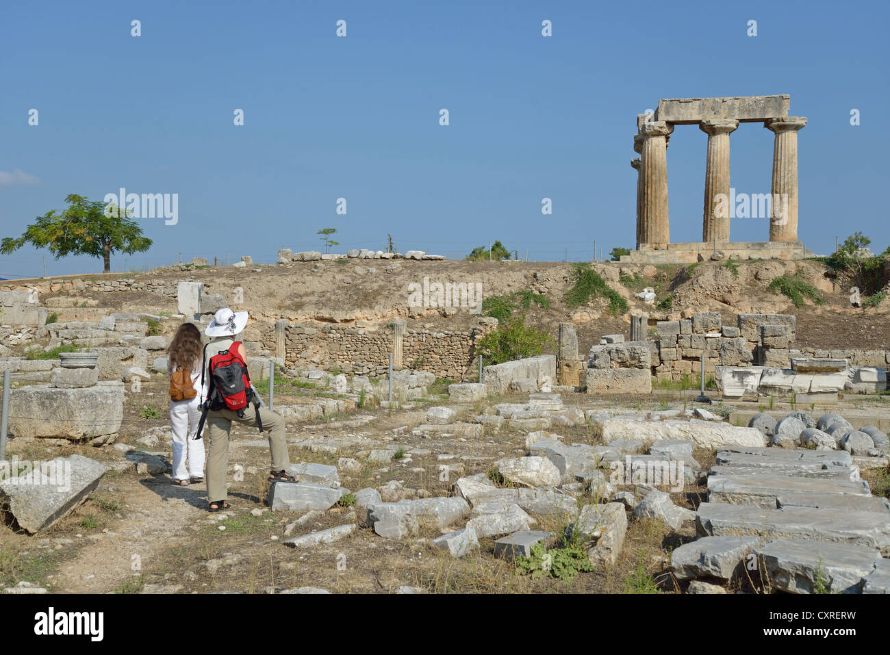 6th century BC Temple of Apollo from Agora, Ancient Corinth, Corinth Municipality, Peloponnese region, Greece Stock Photo