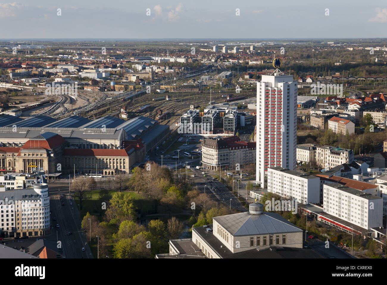 City panorama from the City-Hochhaus building, MDR Tower, looking north over the central railway station and Stock Photo
