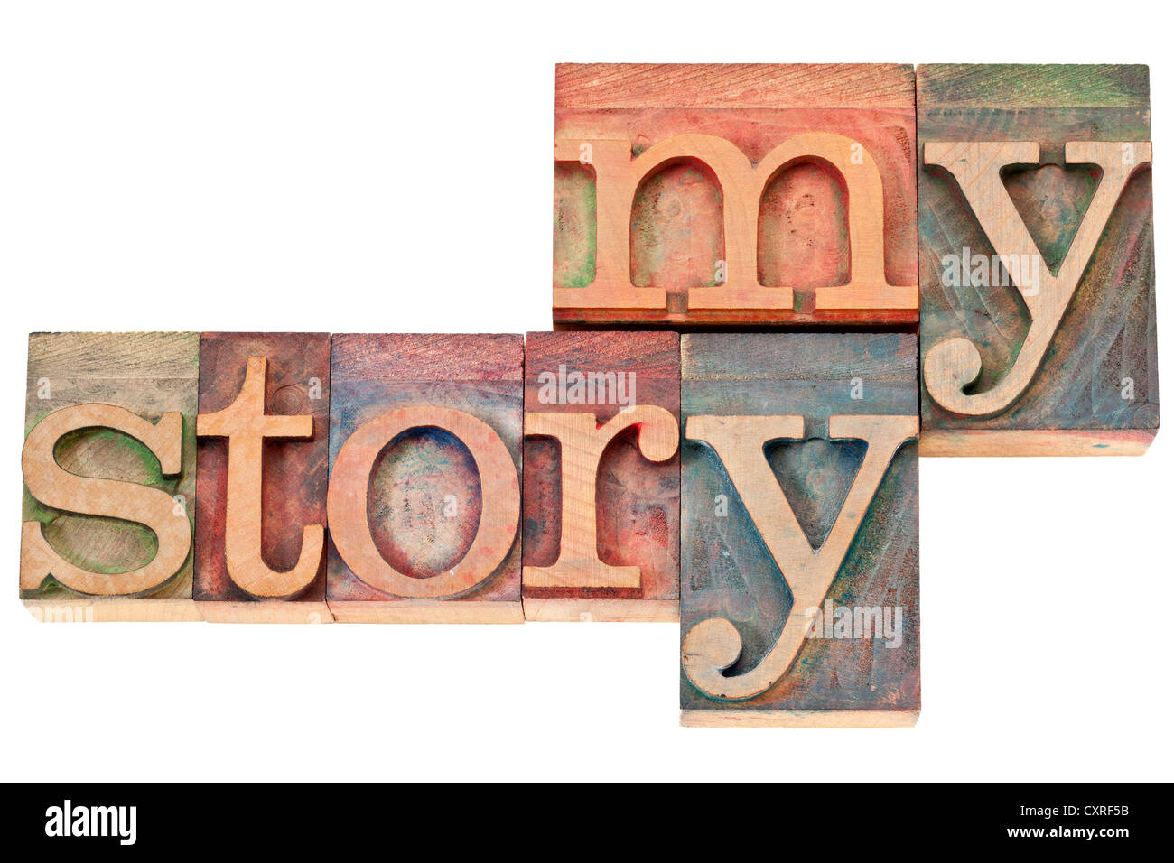 my story - isolated text in vintage letterpress wood type printing blocks Stock Photo