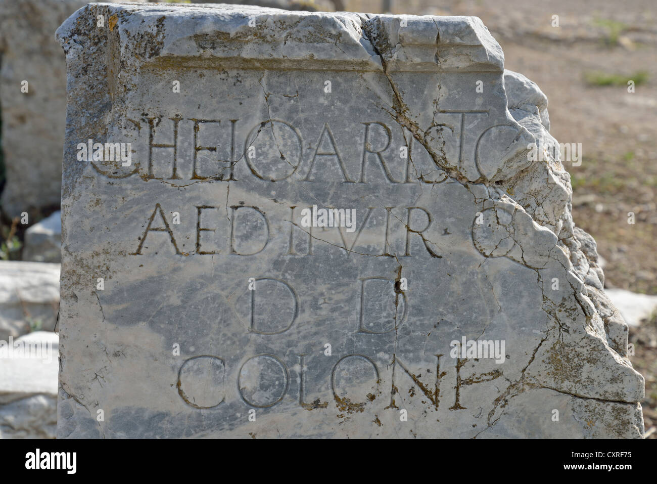 Roman inscriptions on marble slab, Ancient Corinth, Corinth Municipality, Peloponnese region, Greece Stock Photo