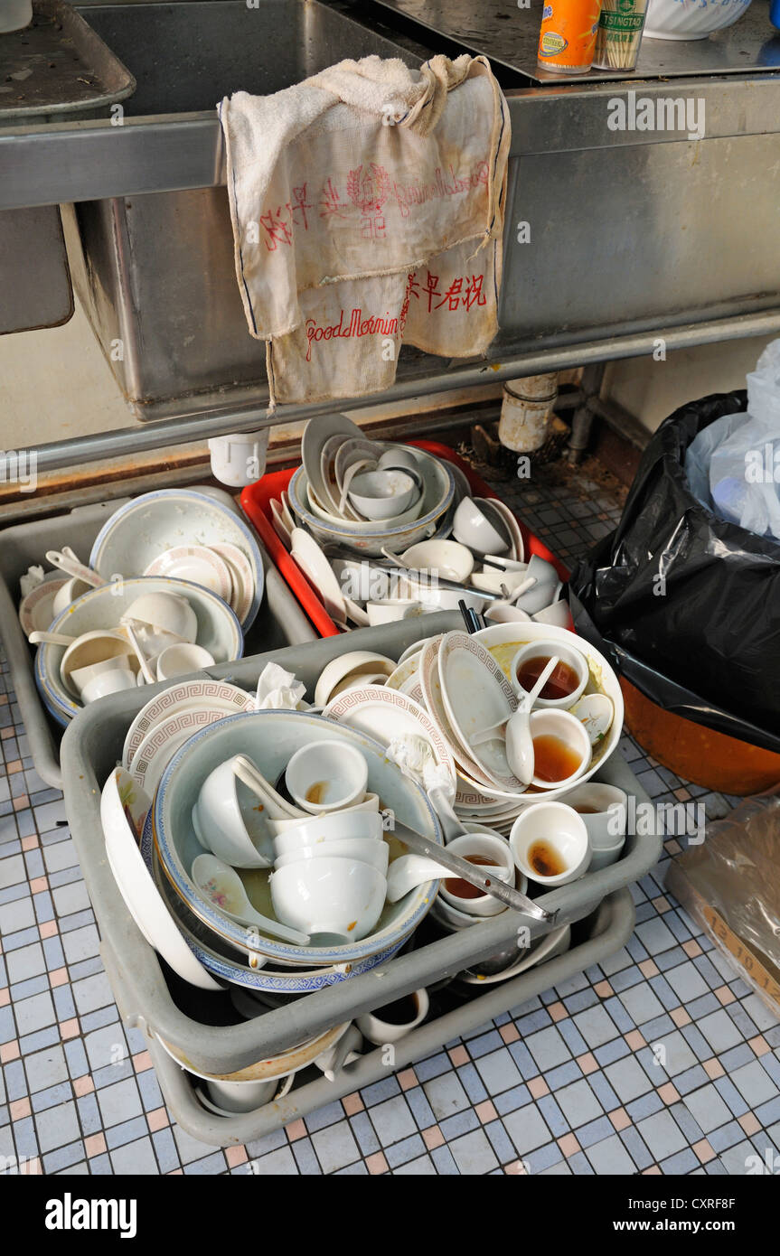Used dishes in a restaurant, Tai O Fishing Village, Lantau Island, Hong Kong, China, Asia Stock Photo