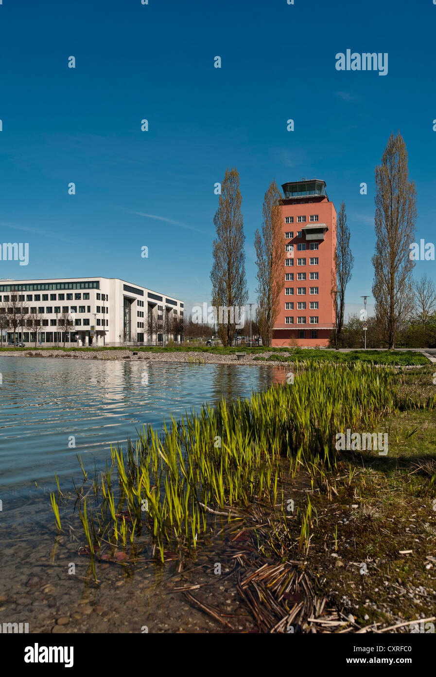 Tower, building of the former Munich-Riem Airport near the ICM in Munich, Bavaria, Germany, Europe Stock Photo